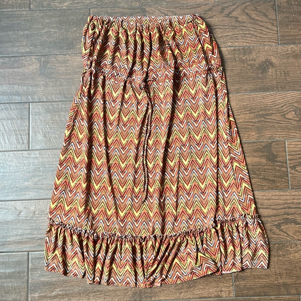 Chevron striped red and brown tier maxi skirt